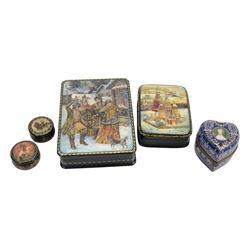 Four lacquered Russian papier mache dressing table boxes with hand painted, together with ...