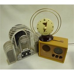 Three mains radios - French Celard Capte bakeltie cased clock radio, Double Decca M.L. and Cicena perspex cased juke box shaped Marilyn radio  