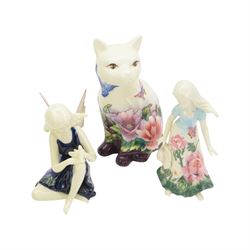 Five Old Tupton Ware figures, comprising two female figures with floral dresses, young girl, fairy and cat, all boxed, tallest H32cm
