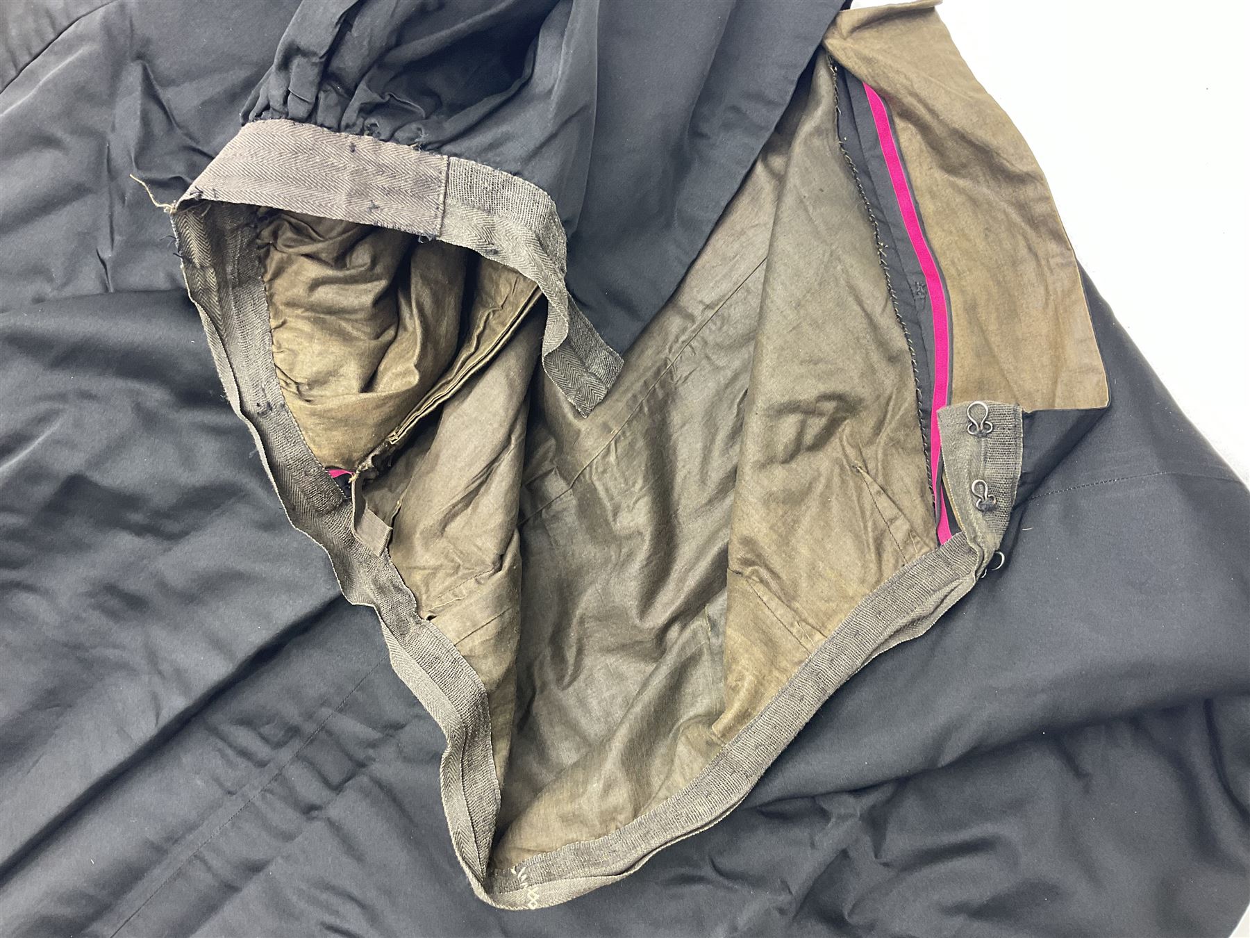 Victorian three piece mourning dress, with lace trim and jet beading, including velvet coat with satin collar panels and cuffs, the nipped waist with boning and slight flared peplum, heavily embellished beaded high neck collar, and ladies embroidered silk lined purse with gilt handle, mount and clasp