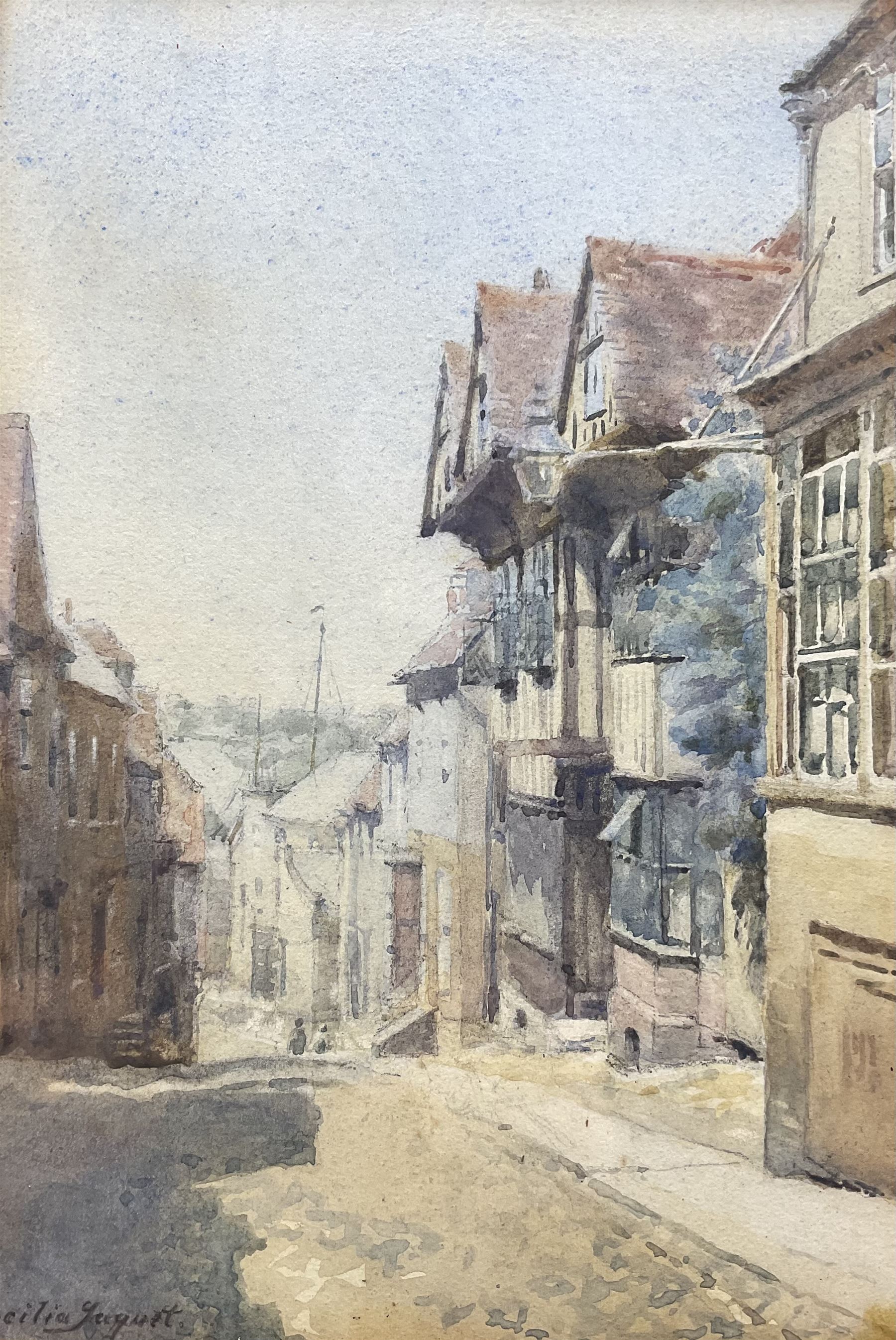 Cecilia Jaquet (British fl.1889-1893): Street Scene, watercolour signed 28cm x 19cm 
Notes: Jaquet was a London landscape painter who exhibited at the Royal Society of British Artists (2), Royal Institute, Society of Women Artists (8), the Grosvener Gallery and in the provinces; she lived in Southwark.
