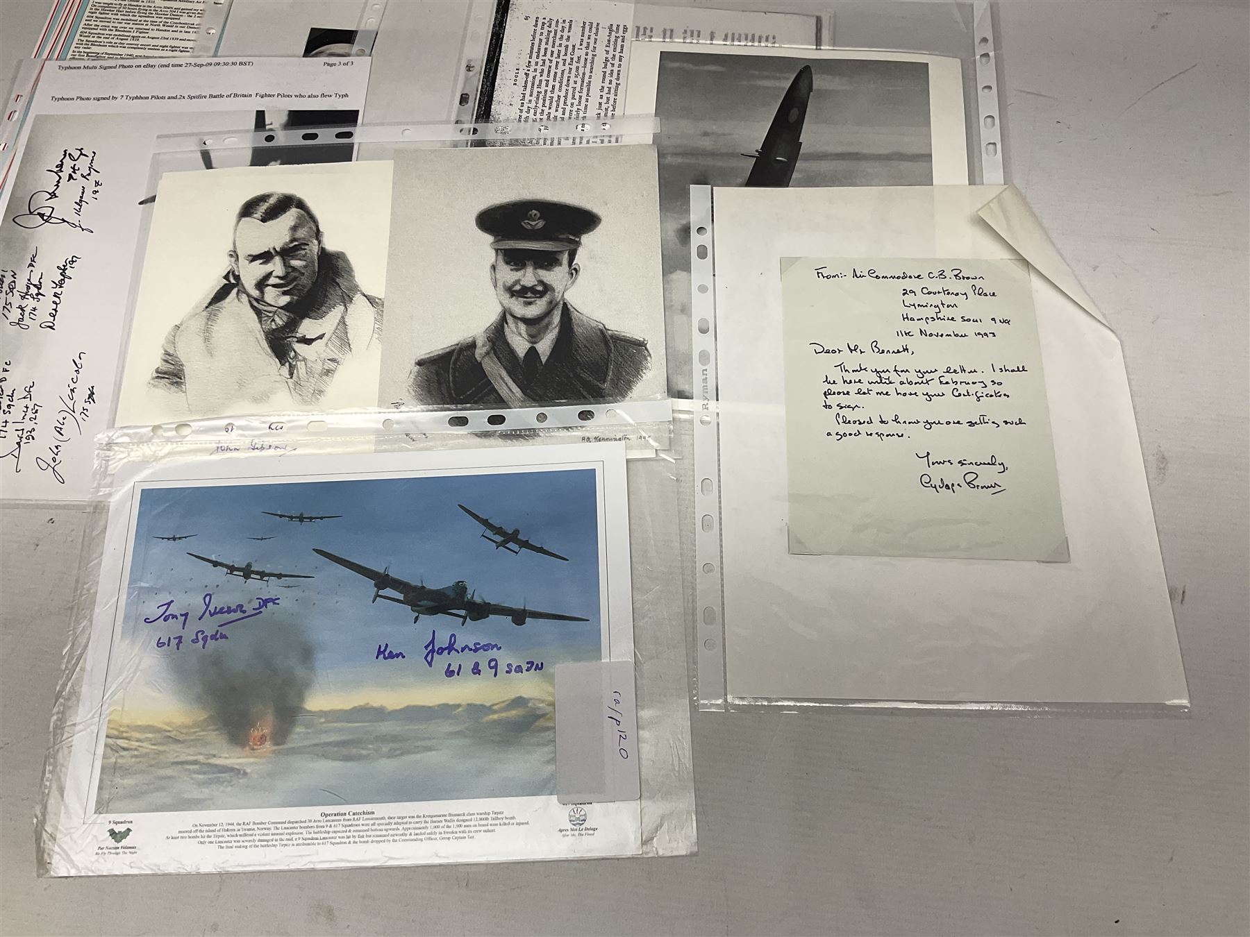 76 Squadron - small archive of photographs, signatures etc; signed copy of Conversations with a Rear gunner by Tony Winser; and collection of signatures of WW2 pilots and aircrew, some original but most facsimile/copies, including Lt. Col. W.A. Bishop VC, DSO, MC, DFC, Johnnie Johnson, Bomber Command etc