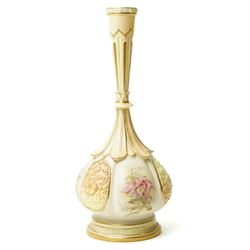 Late Victorian Royal Worcester bottle vase decorated with panels of flowers on a blush ivo...