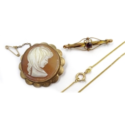 9ct gold cameo brooch and 9ct gold chain necklace both hallmarked and a garnet bar brooch stamped 9ct