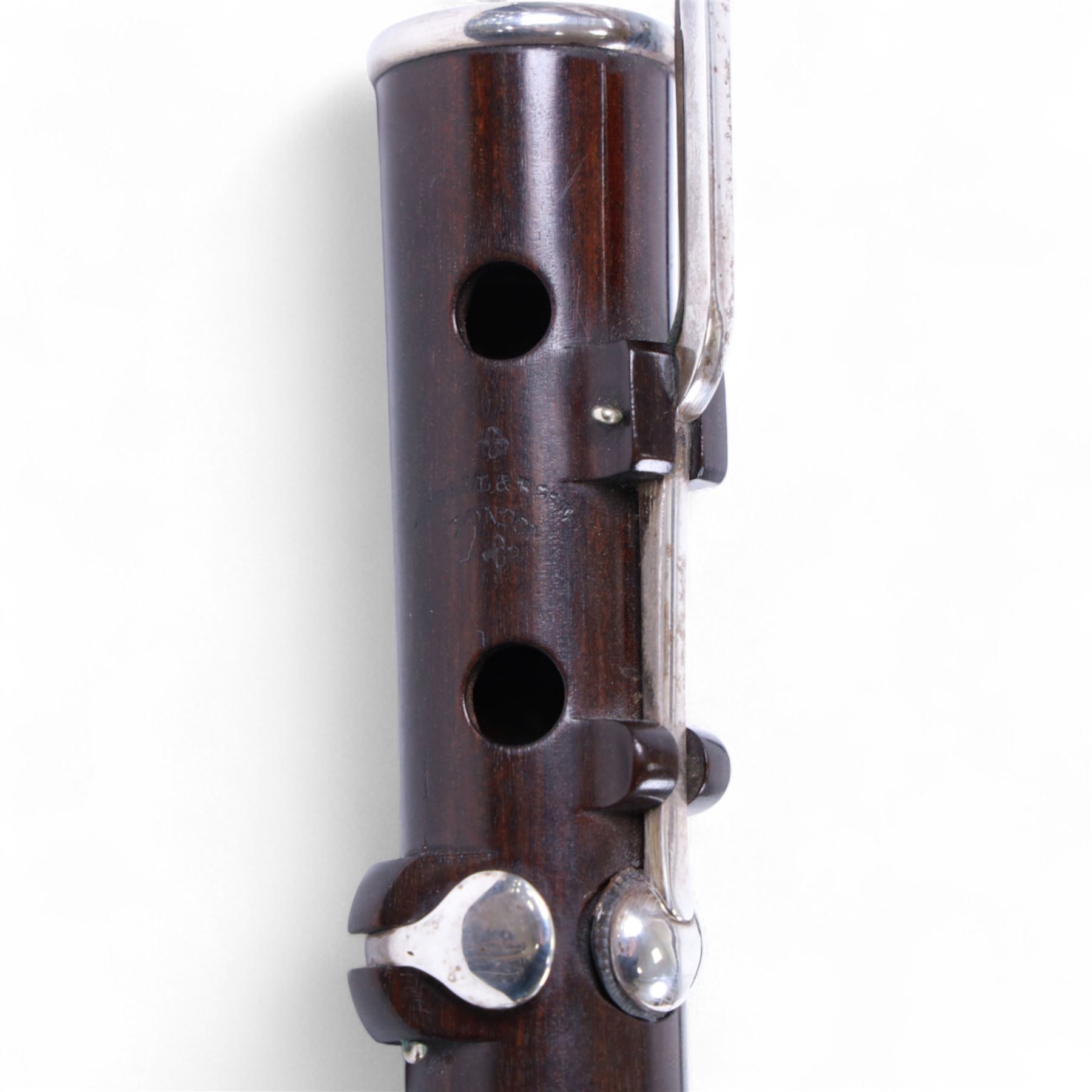 Rudall and Rose-1 Tavistock Street, Covent Garden, London, mid-19th century three piece flute c1830-50, probably crocus wood, with silver bands and keys, stamped with serial No 5060 and makers name in two places, in original velvet lined case containing makers original certificate with matching serial number. 