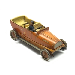 Early 20th century Lehmann clockwork tin-plate open top car with chauffeur, the bonnet inscribed 'Velleda', folding seats and bench seat to the back and integral key, various patent dates up to 1913, L25cm