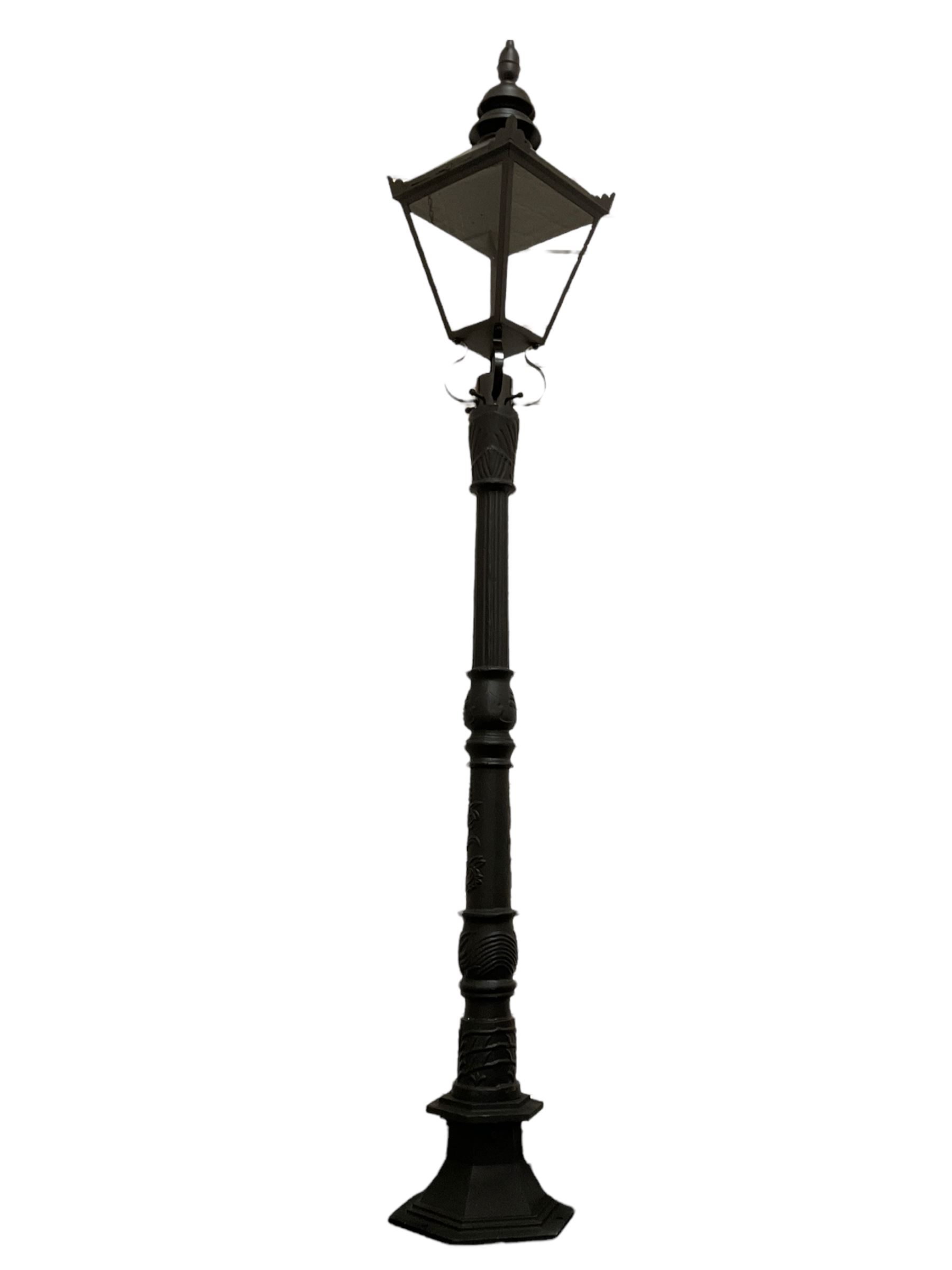 Victorian style cast iron street lamp, fluted column with hexagonal base, four glass lantern top
