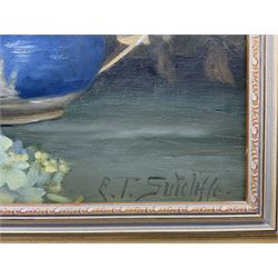 Elizabeth Trevor Sutcliffe (British 1854-1944): Still Life of Spring Flowers, oil on canvas signed 37cm x 55cm
Notes: Studied at Manchester School of Art, France and Italy. Lived in Wales, Whitby and Leeds, married to the fellow artist Lester Sutcliffe (1848-1933)