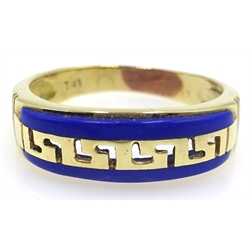  Gold lapis lazuli Greek key design ring, tested 14ct  