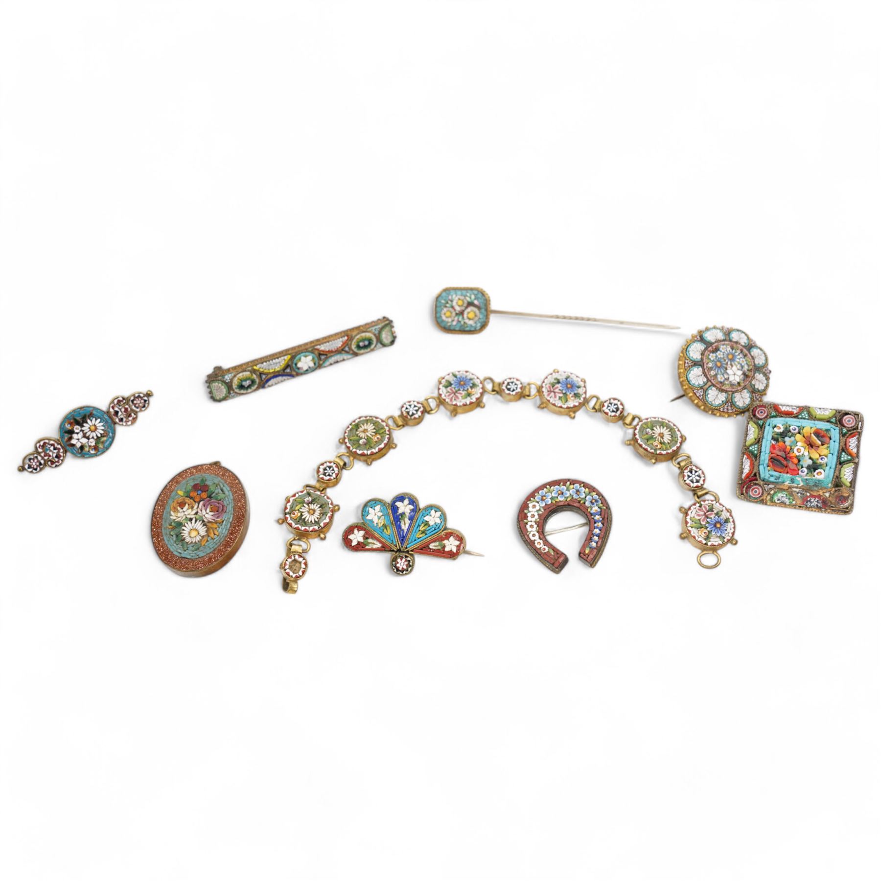 Collection of Italian micro mosaic bijouterie, including various brooches, hat pins and a bracelet, each set in brass, bracelet W18cm