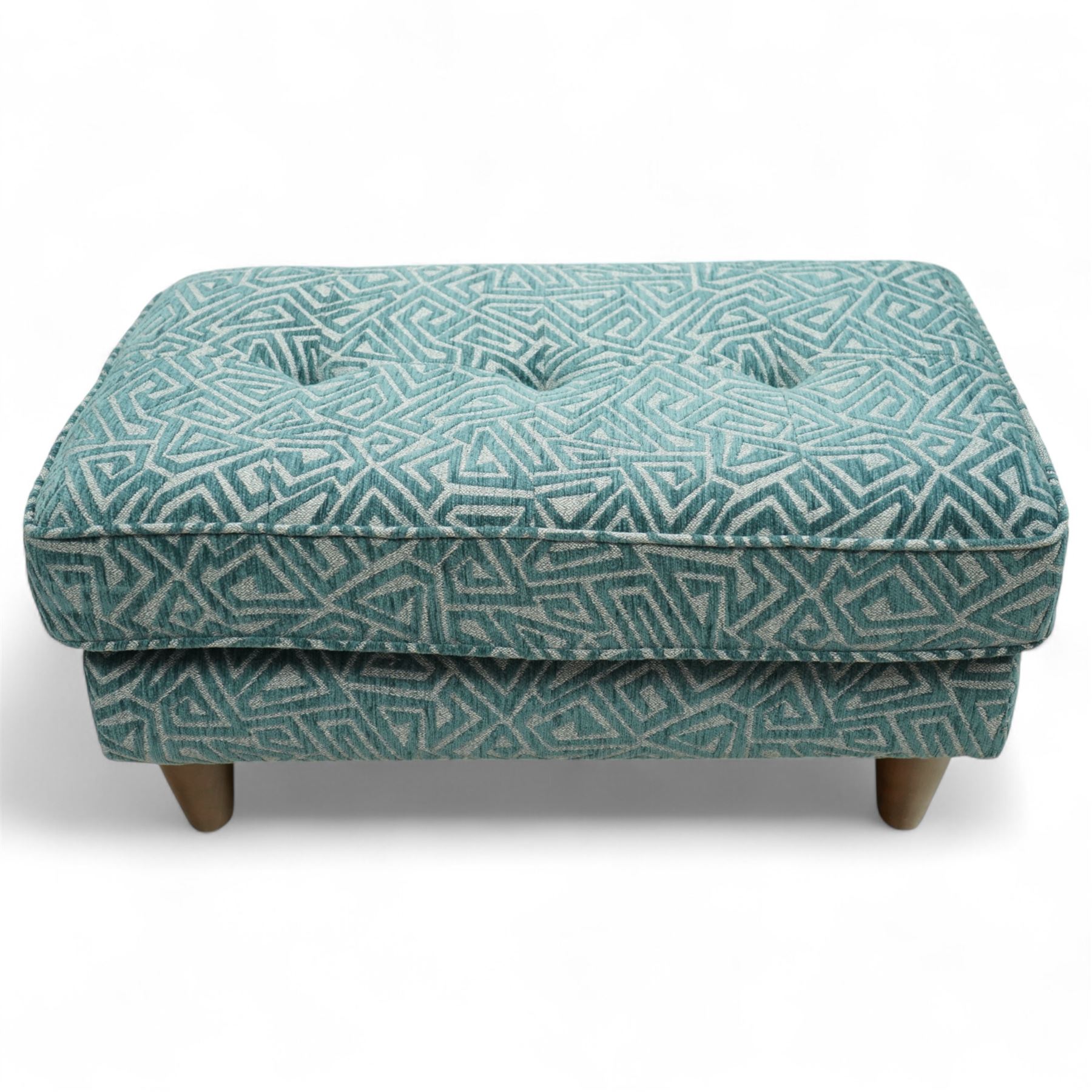 G-Plan Vintage - Contemporary unused Agatha 3 seater sofa, upholstered in G insignia fabric cushion seat and back cushion, rectangular side frame and matching fabric footstool, and additional unused seat cushion