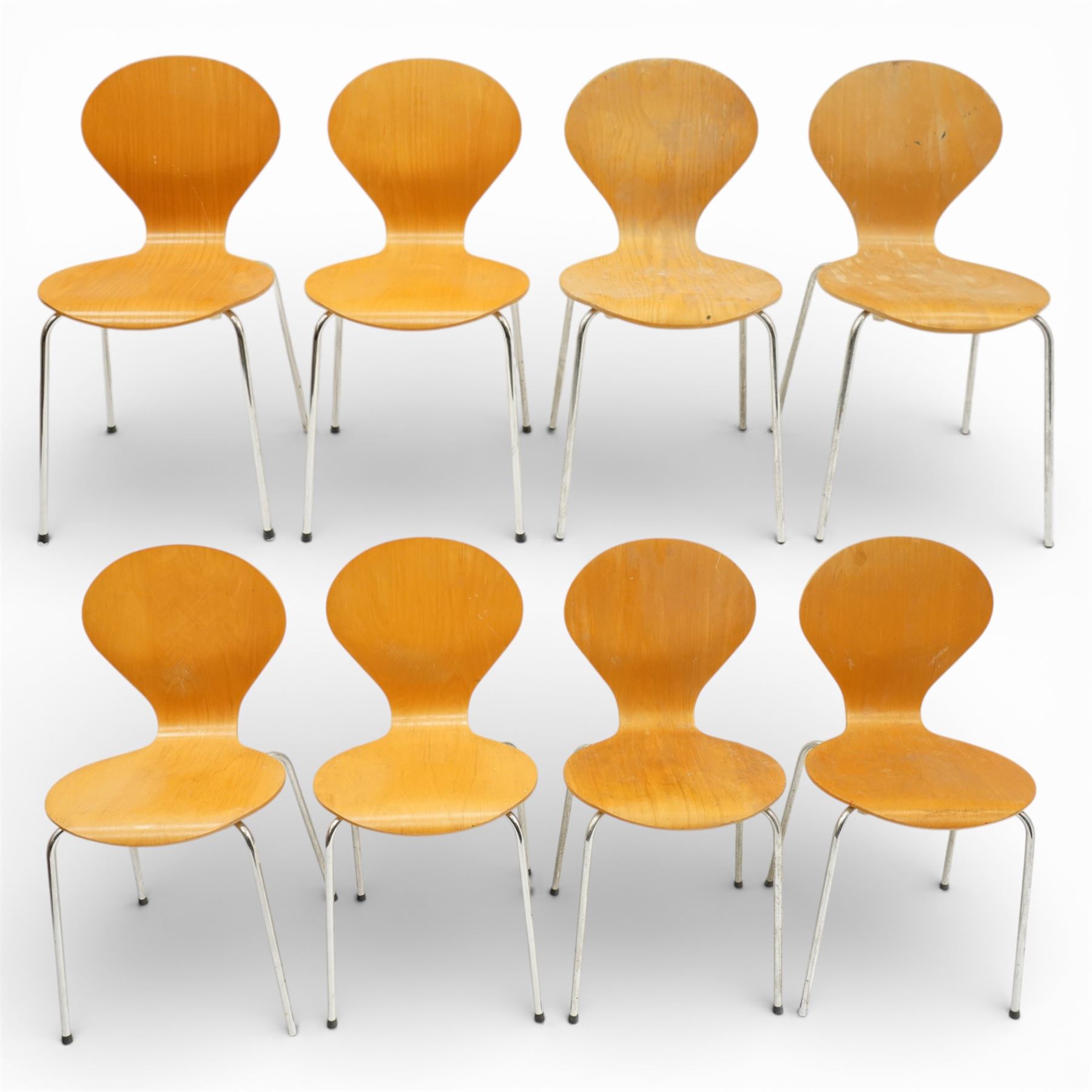 Danerko - mid 20th century set of eight ‘Ant’ plywood dining chairs, moulded beech plywood seats and backs on chrome tubular supports