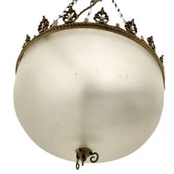 Gilt metal mounted and frosted glass ceiling shade, of domed form with stylised palmette detailed mount, shade H23cm