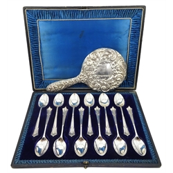 Set of twelve Victorian silver teaspoons by Walker & Hall, Sheffield 1896, cased, approx 9oz and silver mounted dressing table mirror by W I Broadway & Co, Birmingham 1975