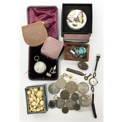 Two Queen Victoria silver crowns, 1891 and 1896, 1890 half crown, silver pocket watch, Victorian ivory beads, pair of silver folding scissors and other silver jewellery stamped 925