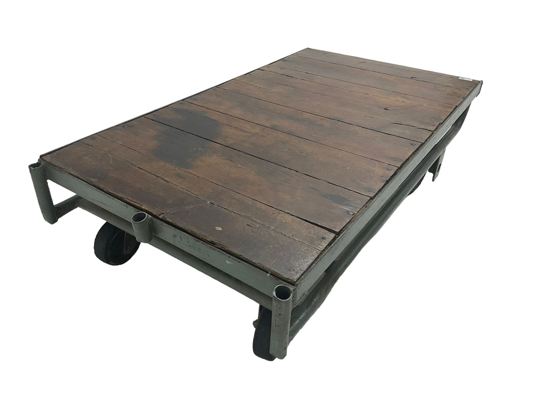 20th century wrought metal and pine railway luggage trolley or coffee table, on castors, by repute from York Station 