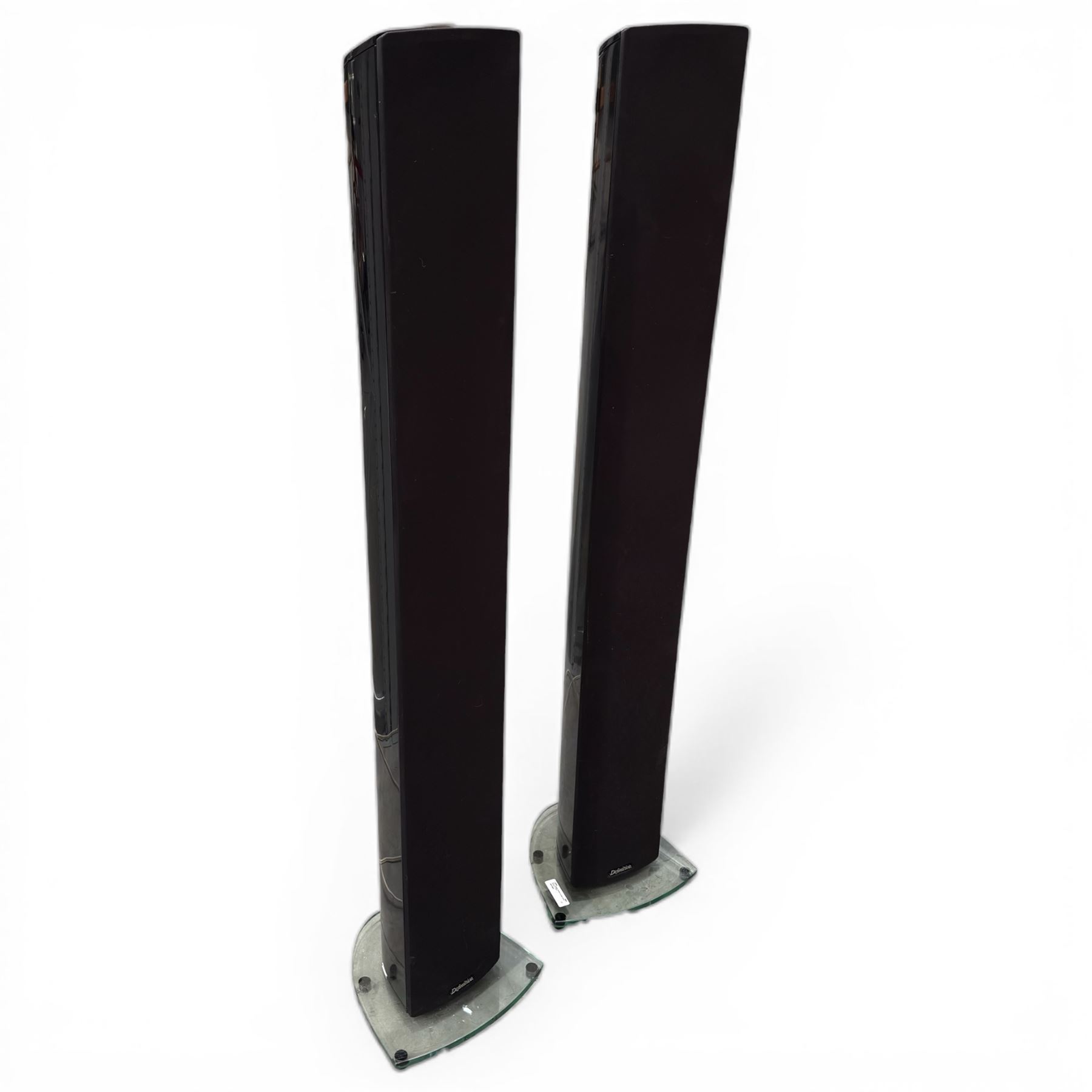 pair of 'Definitive' speakers on glass stands, speakers H120cm