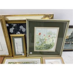 Pictures and prints including oil painting of a Mediterranean harbour, watercolour of a beach scene etc, in one box