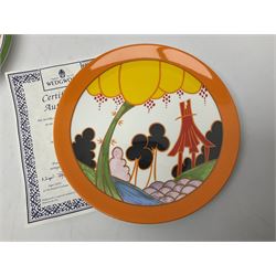 Thirteen Clarice Cliff Wedgwood limited edition plates, including Orange Roof Cottage, Summerhouse, Honolulu, Farmhouse etc, D20cm 