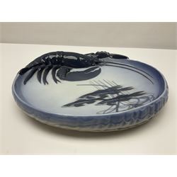 Royal Copenhagen dish modelled with a lobster and painted with fish, no 485, together with a vase, no 4571 and kingfisher no 3234