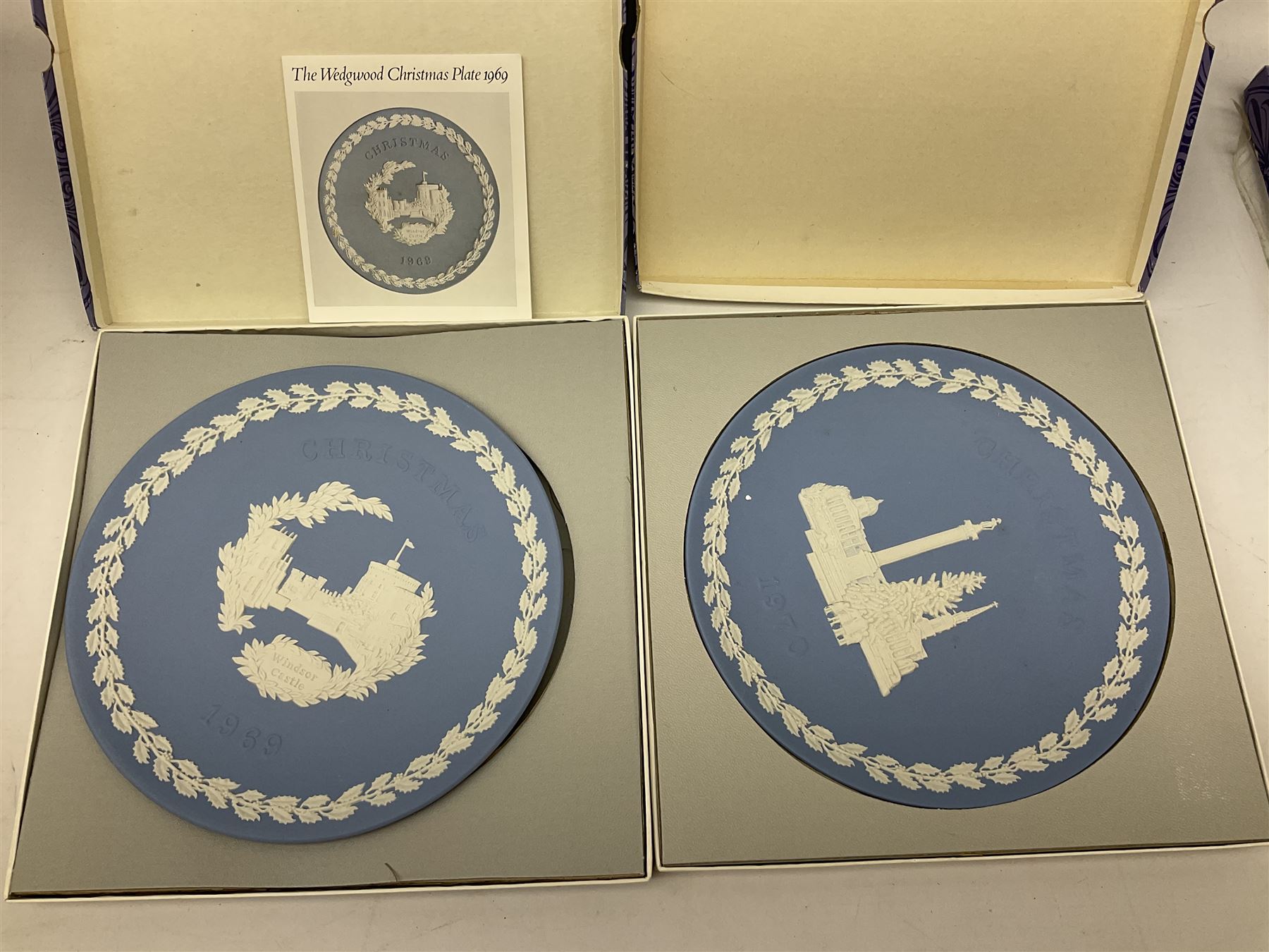 Eleven Wedgwood Jasperware Christmas collectors plates London Landmarks, comprising 1969 Windsor Castle, 1970 Trafalgar Square, 1971 Piccadilly Circus, 1972 St Pauls Cathedral, 1973 Tower of London, 1974 House of Parliament, 1975 Tower Bridge, 1976 Hampton Court, 1977 Westminster Abbey, 1978 Horse Guards and 1979 Buckingham Palace. all in original boxes  