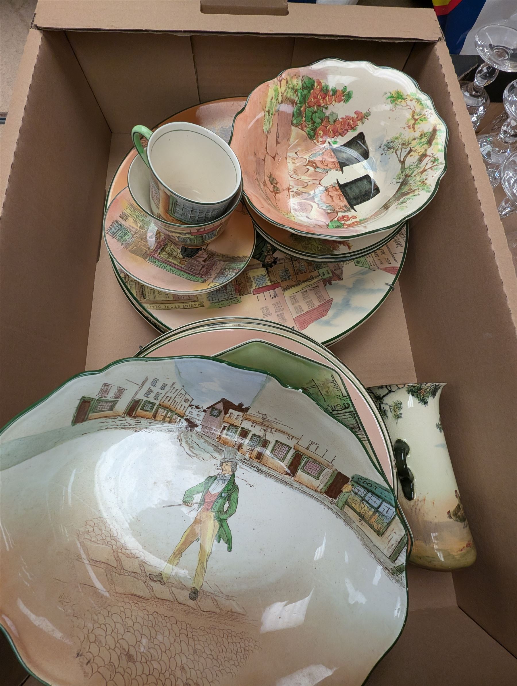 Collection of Royal Doulton Dickensian Ware ceramics, including chargers, teacups and saucers, bowls etc together with a quantity of drinking glasses, lacquered eggs, etc