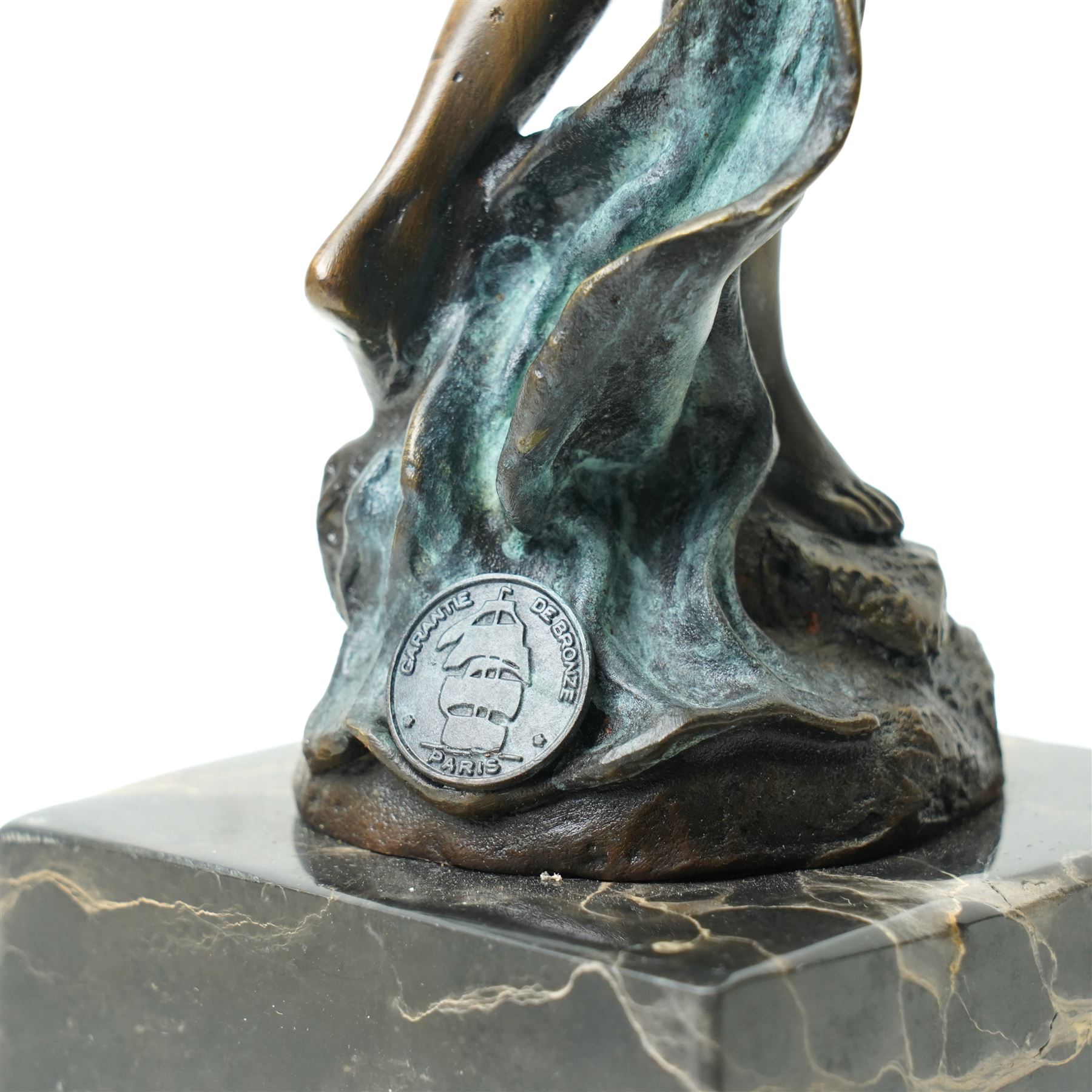 Art Nouveau style bronze figure of a dancing lady, signed Milo, on black marble base, H35cm
