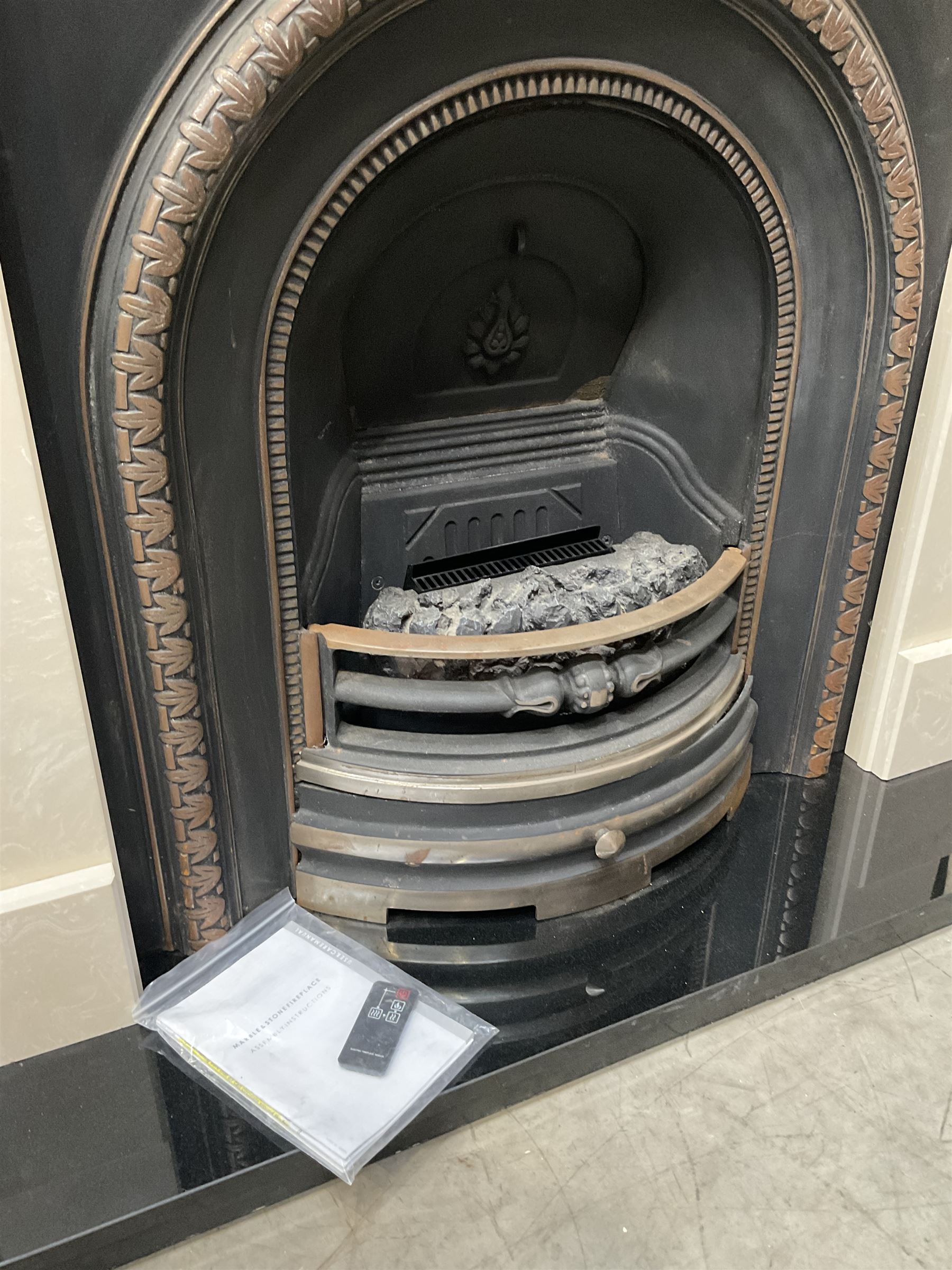 Aurora Dorchester Black Fire suite - granite style surround with cast iron insert, electric fire with remote and black hearth