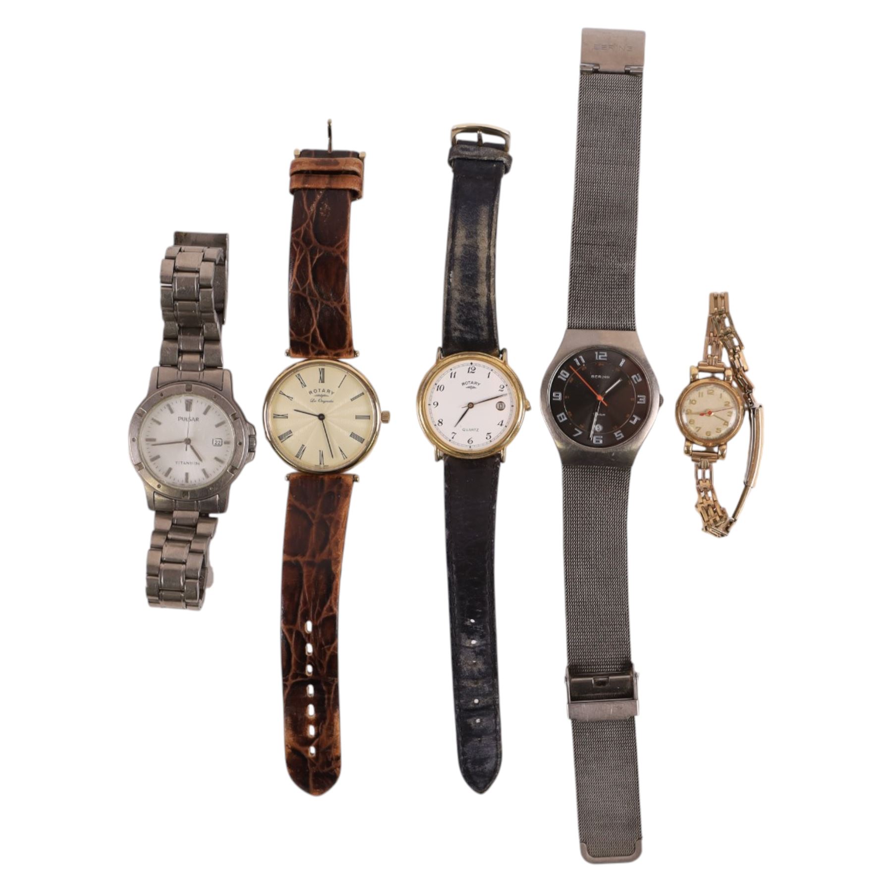 9ct gold manual wind wristwatch, hallmarked, on gold-plated strap and a collection of wristwatches including Bering, Rotary and Pulsar
