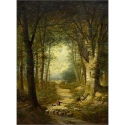 Robert Finlay McIntyre (British c.1846-1906): Driving Sheep through Woodland, oil on canvas signed 60cm x 45cm