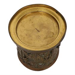 T & E of Paris, gilt bronzed white metal circular jar, decorated with high relief scenes after Tenniers, impressed mark beneath, H11cm
