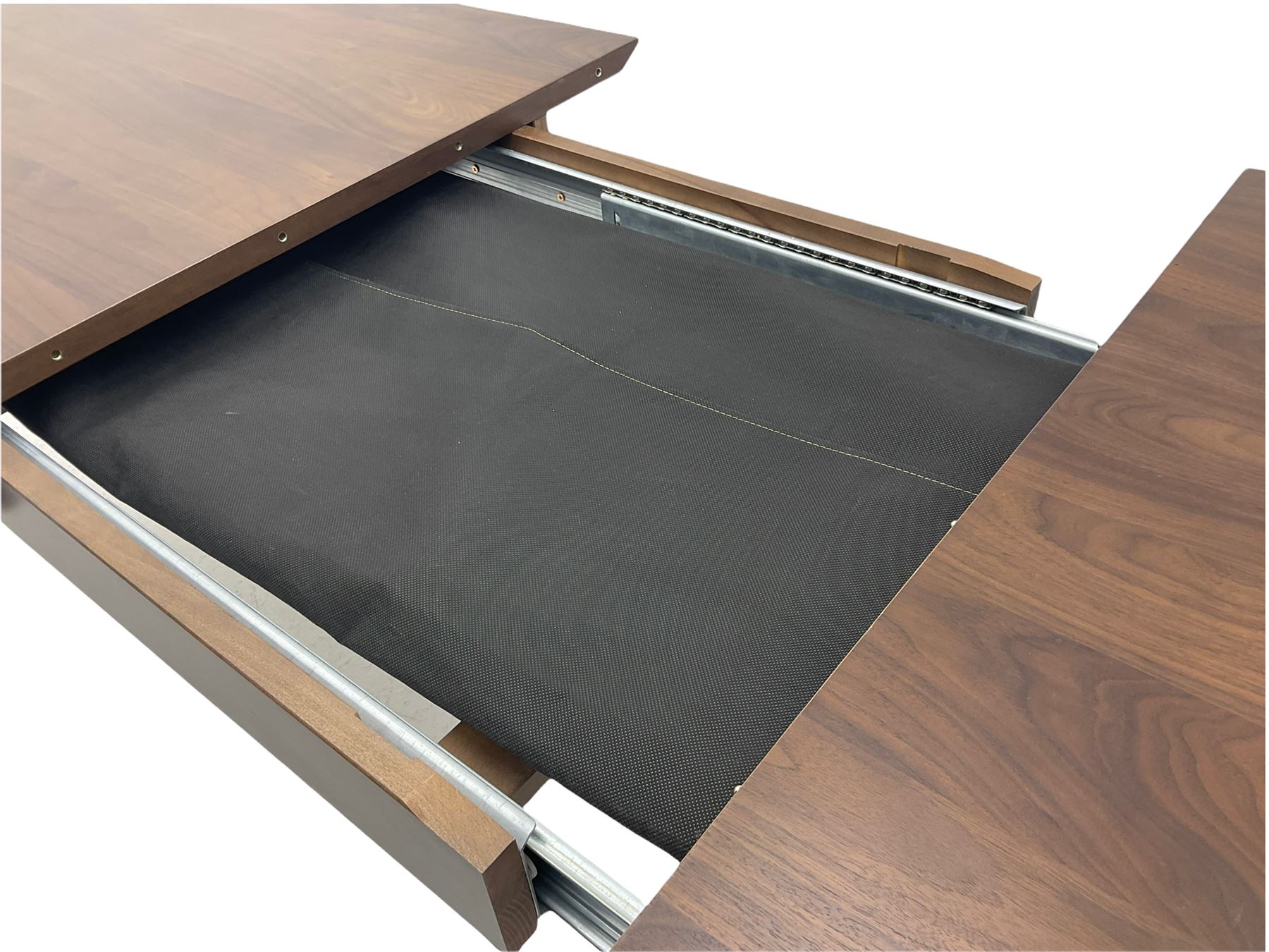 Bentley Designs - Premier collection 'Oslo' contemporary walnut extending dining table and six chairs upholstered in steel grey fabric. 