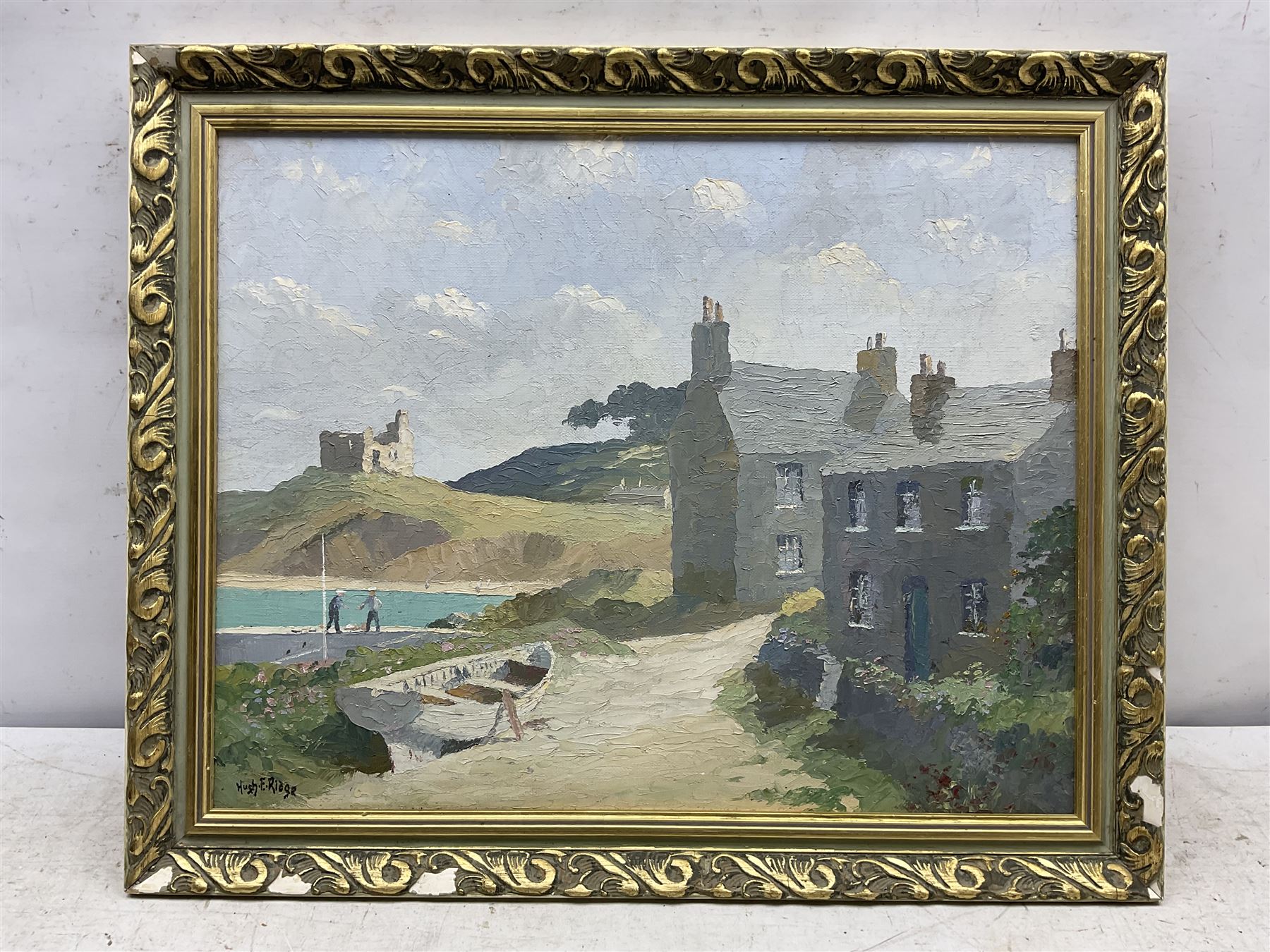 Hugh E Ridge (Bridge 1899-1976): 'Cottages at Old Grimsby, Tresco, Isles of Scilly', oil on canvas signed, titled on artist's studio label verso 39cm x 49cm 
Notes: Sold with a signed letter from the artist thanking the purchaser dated 11.7.76