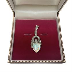 Silver opal and marcasite openwork pendant, boxed 