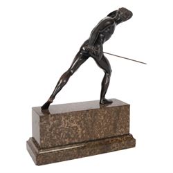 Third Reich; bronze sculpture, after Arno Breker modelled as a Gladiator upon a stepped rectangular marble base, belonging to Hans Christian Weber, gifted to him on the Day of German Art parade 1938 from Mayor Karl Fiehier, H45cm 