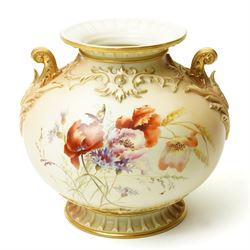Late Victorian Royal Worcester vase of baluster design with gilt handles and painted with ...
