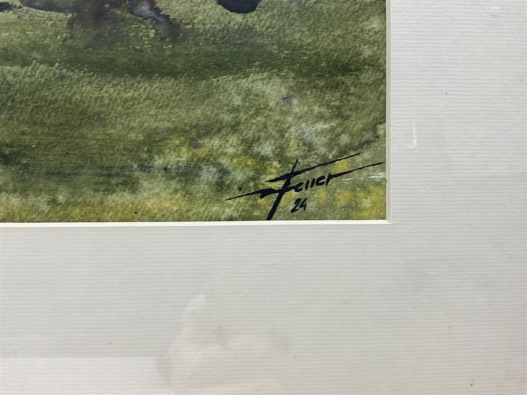 Diego Ferrer (Argentinian Contemporary):  Gaucho and Three Horses, watercolour signed and dated '24, 67cm x 50cm