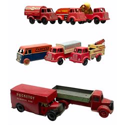 Wells Brimtoy/Pocketoy - eight tin-plate and plastic clockwork, friction-drive or push-along vehicles comprising Breakdown Service, Cement Mixer, Esso Tanker, Fire Tender, Removal Van, Builders & Decorators Van, open lorry and Express Delivery van; all unboxed (8)