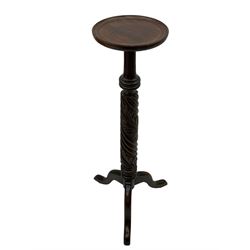Mahogany rope twist jardiniere stand (H98cm); George III mahogany fold-over tea table (H75cm); occasional table with sectioned drawer (H72cm, W49cm, D37cm); upholstered stool (4)