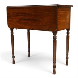 Early 19th century mahogany deception table with drop-front, rectangular top over drop-front with button action to the side, enclosing slatted-base compartment, raised on turned supports