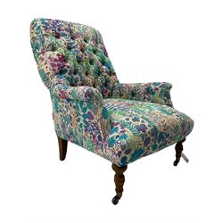 Buttoned back armchair, hardwood framed, upholstered in Liberty 'Fresco Linen Union In Lagoon' fabric, turned front supports with castors, 
