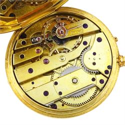 Victorian 18ct gold half hunter keyless lever pocket watch by Le Roy et Fils, Paris, No. 48021, white enamel dial with Roman numeral hour markers, back case monogrammed with initials, the 'B' with blue enamel, case stamped 18K