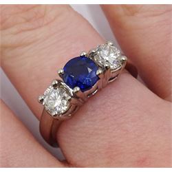 18ct white gold three stone sapphire and diamond ring, hallmarked, sapphire approx 0.85 carat, diamond total weight approx 0.80 carat