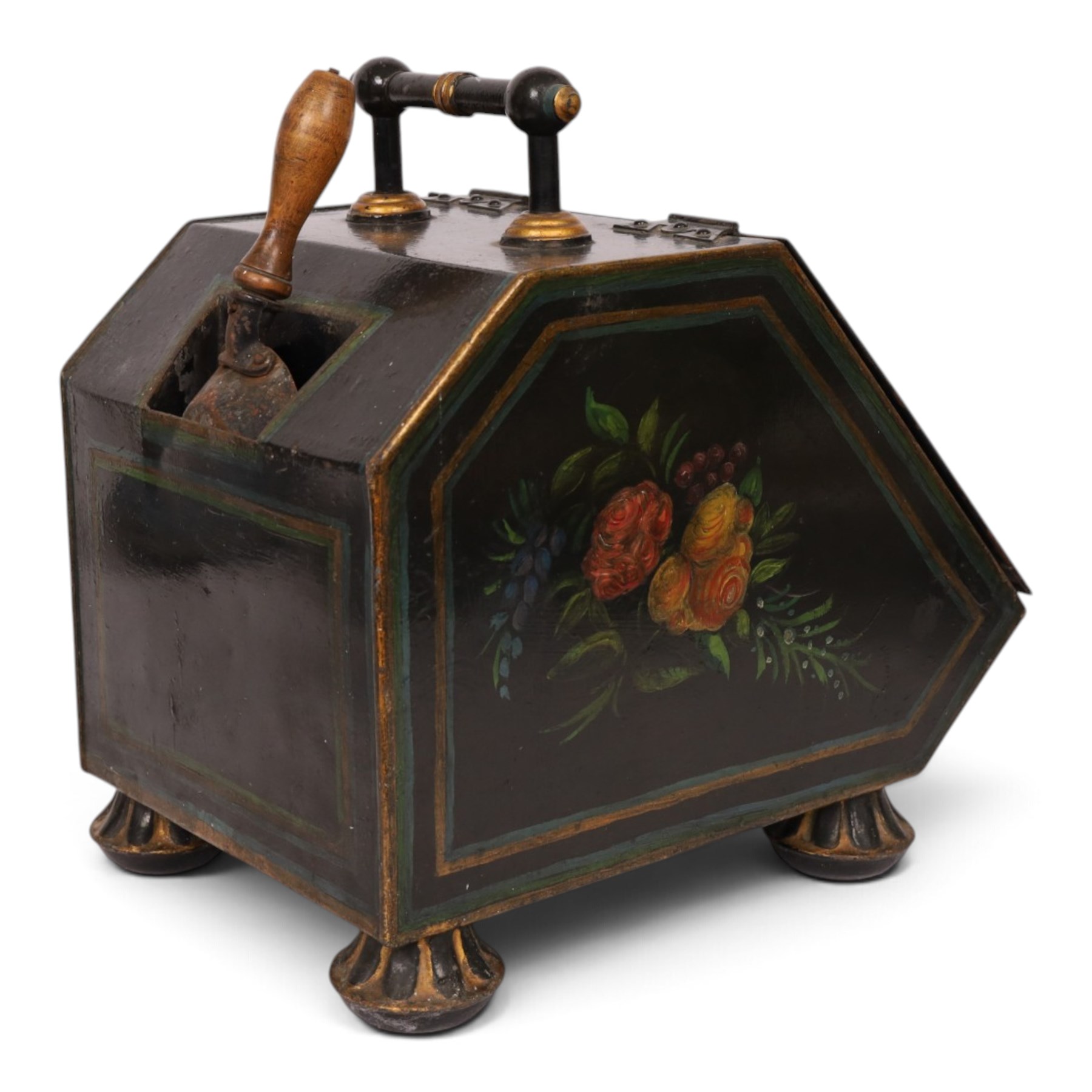 Late Victorian hand painted toleware coal scuttle, black painted tin body hand painted with floral sprays, fitted with shaped shovel to reverse and gilt painted circular feet H44cm