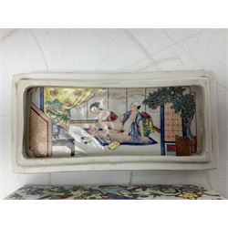 20th Chinese Famille Rose pen box and cover, of rectangular form, the lift-off cover painted with figures, the sides with blossom, fruit and flowers, an erotic scene to the interior of the lid, H9cm, L20cm