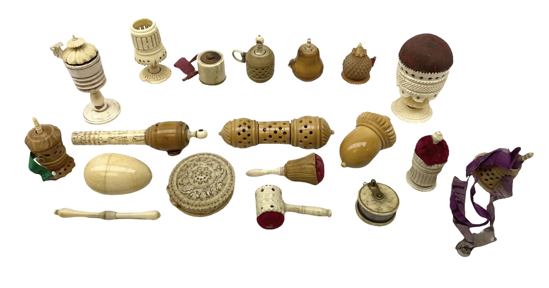 19th century bone and vegetable ivory sewing items including needles cases, pin cushions, thimble cases etc