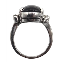  14ct white gold (tested) black star diopside and four round brilliant cut diamond ring MAO0303  