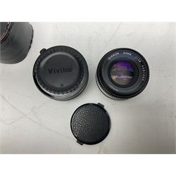 Nikon F3 SLR camera, serial number 1583609; Nikon 50mm 1:1.8 lens; Nikon 28-85mm 1:3.5-4.5 zoom lens; Vivitar MC 2X-3 Tele Converter, and a Nikon Speedlight SB-16 flash