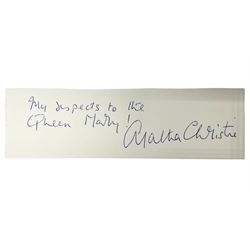 Christie  Agatha (1890-1976) English Crime Novelist. Blue ink signature with inscription 'My respects to the Queen Mary'; oblong clipping