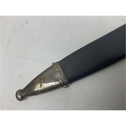 German Paul Weyersberg & Co Solingen DLV flyers dagger with 18cm steel blade, plated brass/tombac downswept cross-piece and pommel and leather covered grip, in leather and plated brass/tombac scabbard with leather hanger strap and silvered knot L35cm overall. Auctioneer's Note: After WWI Germany was forbidden an air force by the Treaty of Versailles however the Deutscher Luftsport-Verband (German Air-sport Association) was formed in March 1933 from various sports flying clubs and had branches for aeroplane, gliding and balloon flying. Under cover of the sporting DLV, many future Luftwaffe pilots trained to fly. DLV was embodied with the NSKK in March 1935 and on 1st March 1937 Luftwaffe was formed.